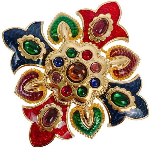 VTG Signed Joan Rivers Byzantine Fleur De Lis Colorful Enamel Brooch Collectible - Picture 1 of 10